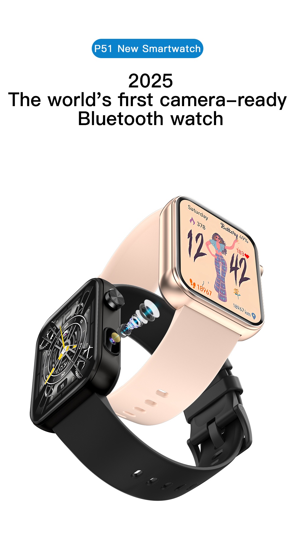 Bluetooth Smart Watch w/Camera Waterproof for Android Samsung iPhone