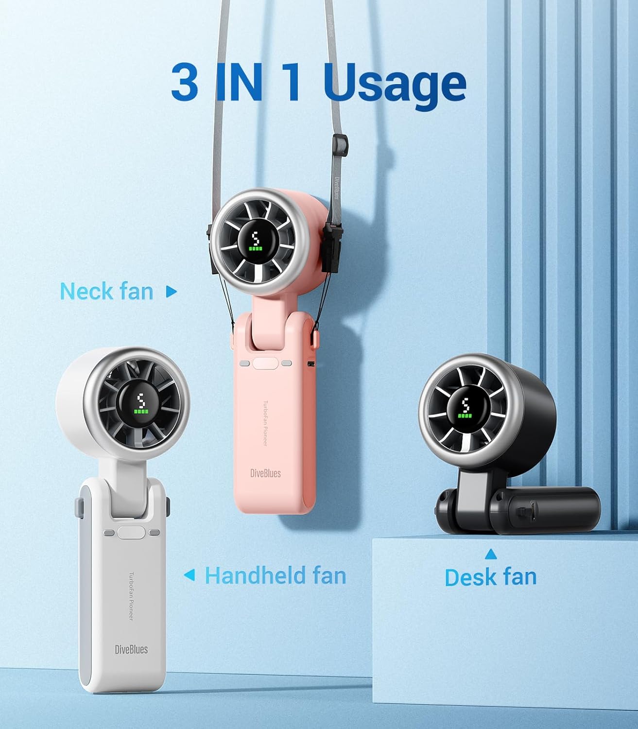 Handheld Turbo Fan, 5 Gear Wind, Battery Operated, Up to 12 Working Hours, 3 IN 1 Hand Fan with Air Turbo Tech Cooling Fan for Outdoor Activities, Travel, Working