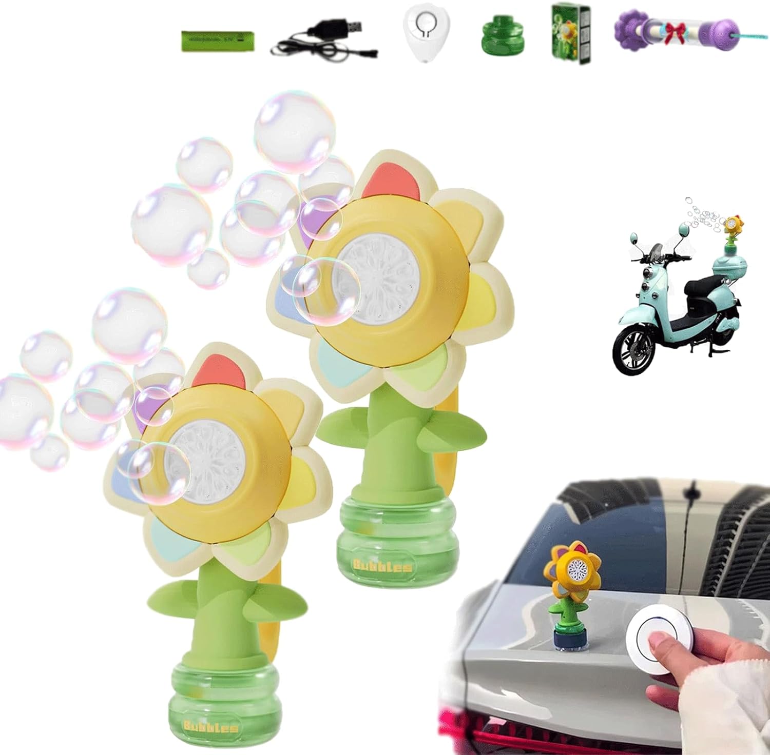Sunflower Bubble Machine for Car, Car Bubble Machine, Remote Control Bubble Bloom Flower, Remote Control Will Shake Head and Spit Out Bubbles with Colorful Lighting