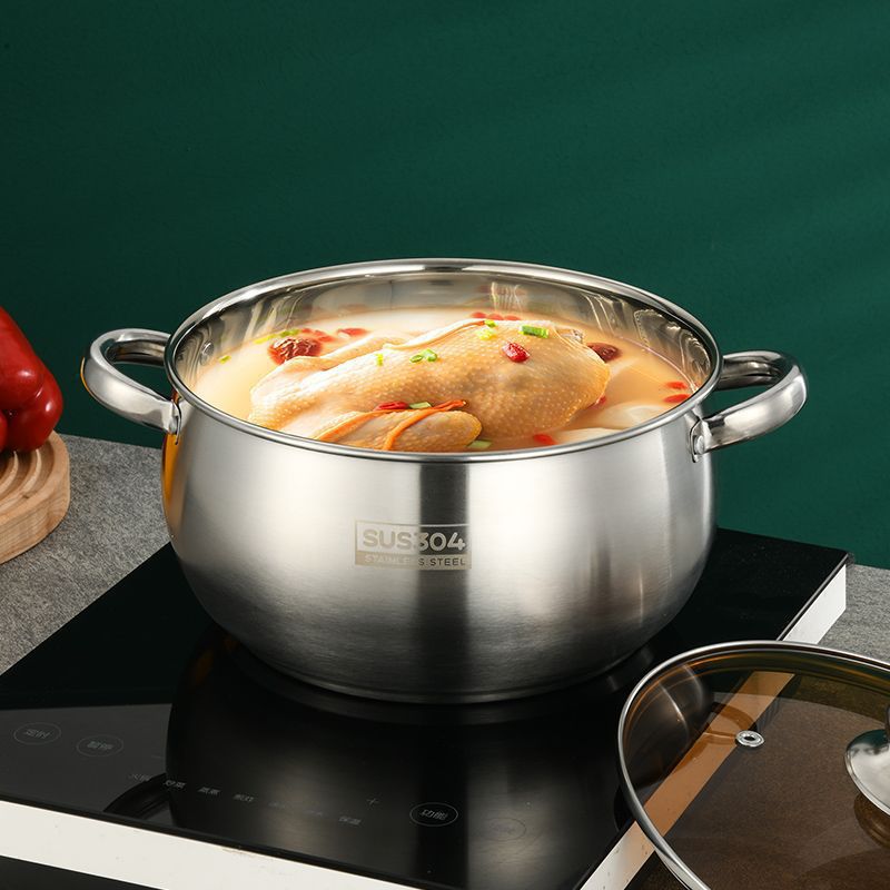 24cm Stainless Steel Soup Pot for Home Use, Chinese-style Double-ear Yuanbao Single-bottom Thickened Coating-free Big-belly Apple Soup Pot