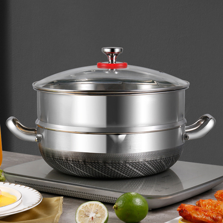 316 three-layer steel stainless steel stir-fry pan with honeycomb non-stick surface, multifunctional home cooking pot suitable for induction cookers and gas stoves, also can be used as a steaming and 