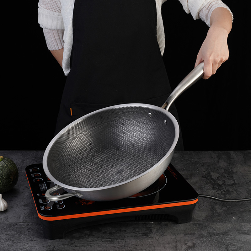 Stainless steel honeycomb wok, thickened, single-bottomed, non-stick, multi-functional, Chinese-style round-bottomed concave full-screen honeycomb wok for household use