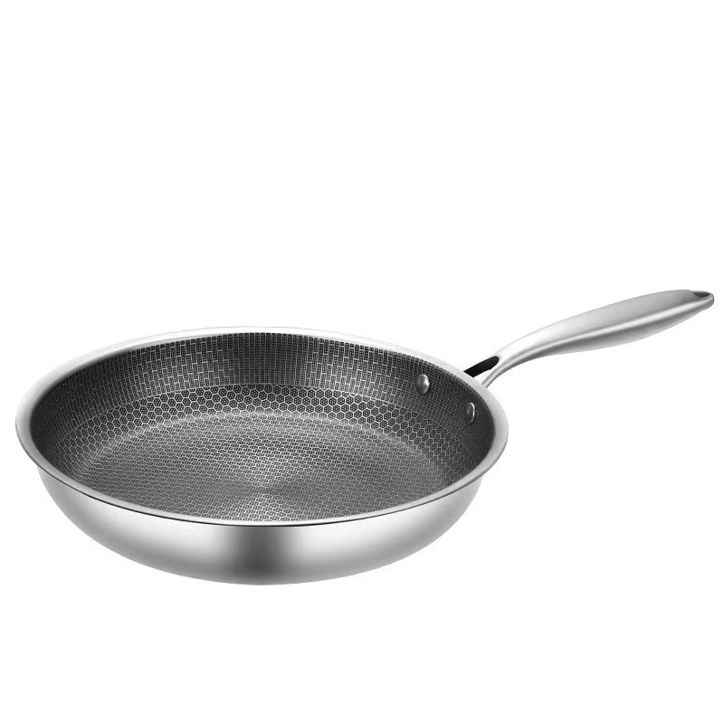 Stainless steel honeycomb frying pan, specially designed for home use to cook steak. It is a non-stick pan with light oil fumes, has a single handle, and is suitable for both gas stoves and induction 