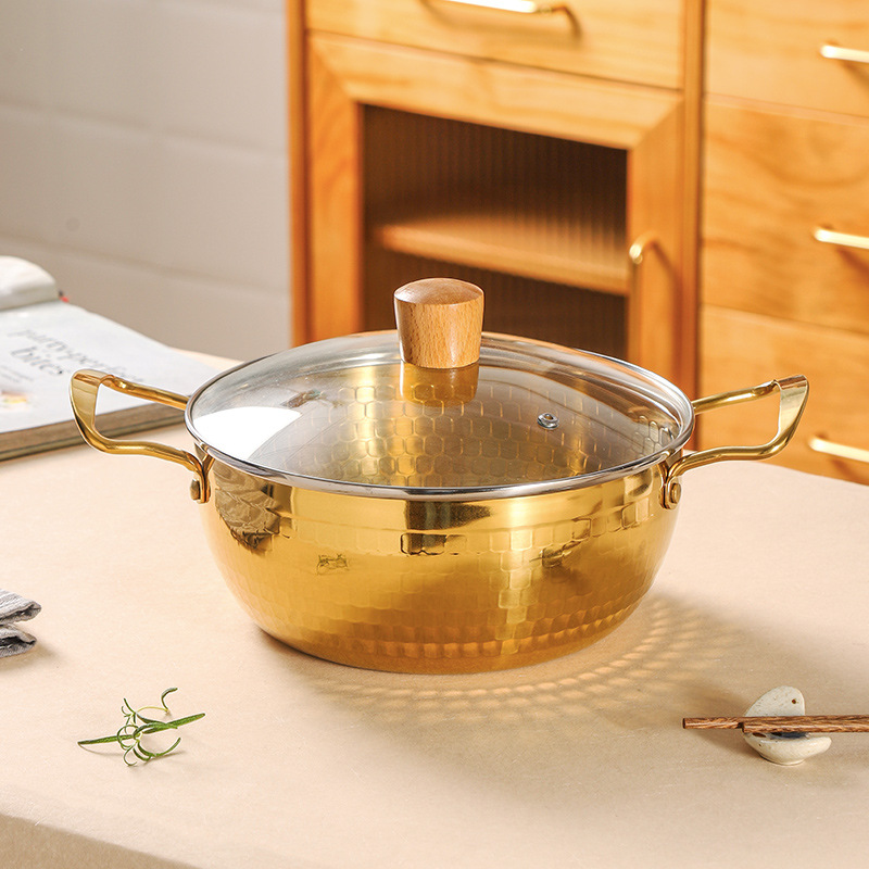 304 Stainless Steel Korean-style Double-handled Pot for Both Gas and Electric Stoves, Single-bottomed, Suitable for Making Soup, Seafood Hot Pot, Cooking Instant Noodles, Golden-colored Small Pot