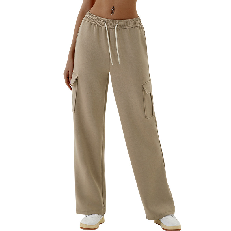 European and American new style women's workwear casual sporty sweatpants, loose high - waisted, thick ribbed elastic straight - leg casual pants