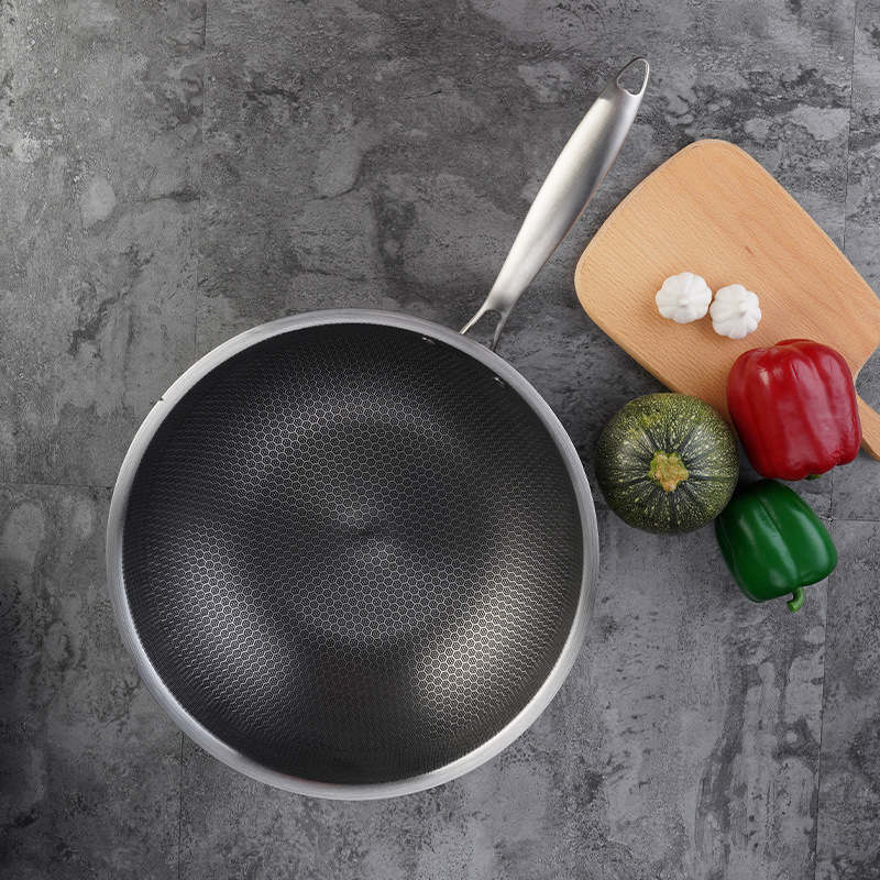 Stainless steel honeycomb wok, thickened, single-bottomed, non-stick, multi-functional, Chinese-style round-bottomed concave full-screen honeycomb wok for household use