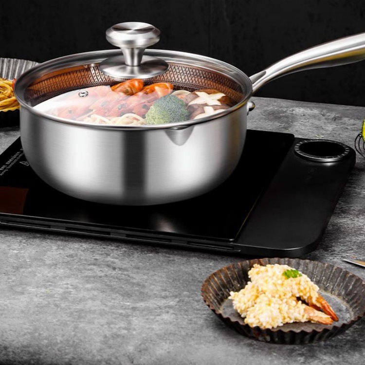 Stainless Steel Honeycomb Snow Flat Pot, Single Handle, Japanese-style Universal Single-bottom, Non-stick, for Home Use, Ideal for Baby Complementary Food, Noodles, and Milk Boiling