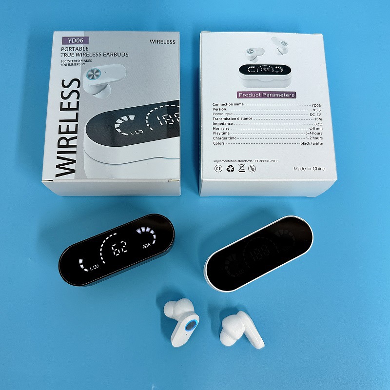 New product YD06 wireless Bluetooth earbuds, cross - border high - definition mirror digital display, handle - equipped in - ear sports headphones