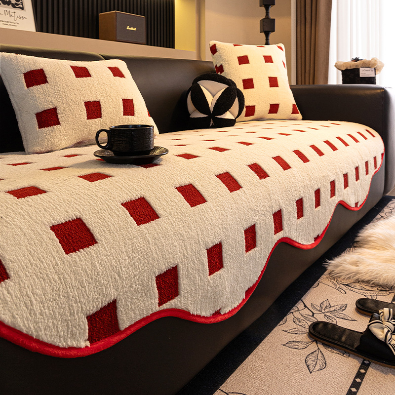Red Irregular Straight-Row Sofa Cushion for Winter - High-End, Non-Slip Sofa Cover