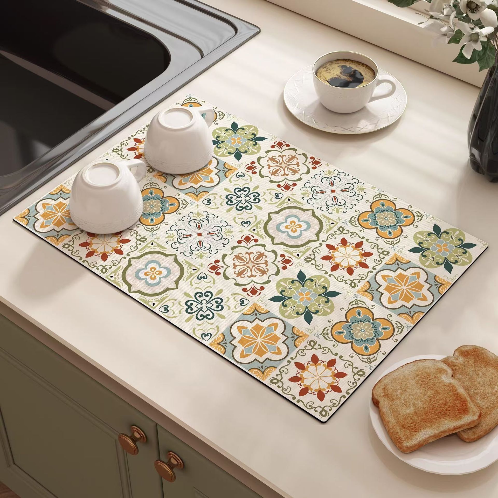 Vintage Pattern Diatomite Absorbent Mat – Heat-Resistant Kitchen Counter Draining Pad & Tabletop Cup Coaster