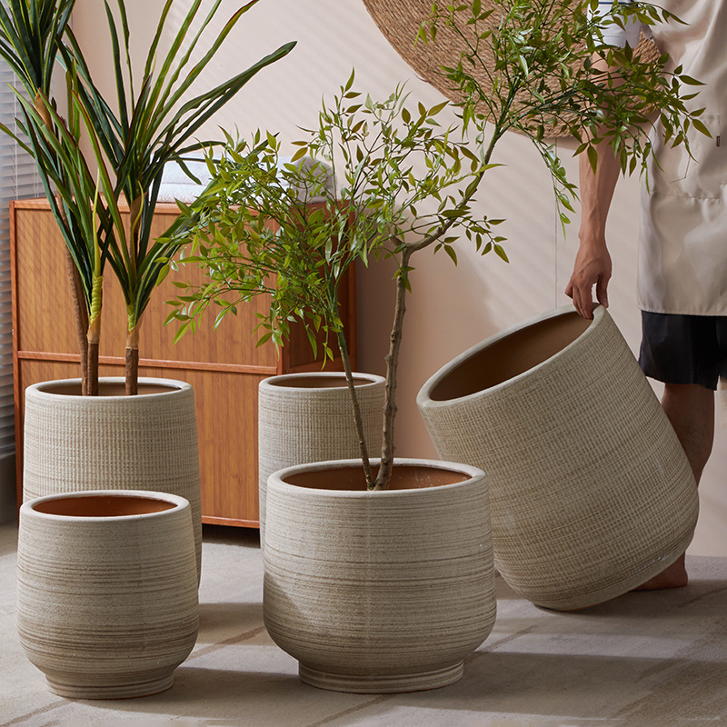 Minimalist Nordic-Style Large Ceramic Planter | Breathable Terracotta Floor Pot for Living Room & Balcony